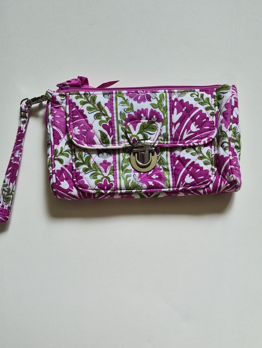 Vera Bradley Quilted Floral Wristlet Clutch in Magenta and Green